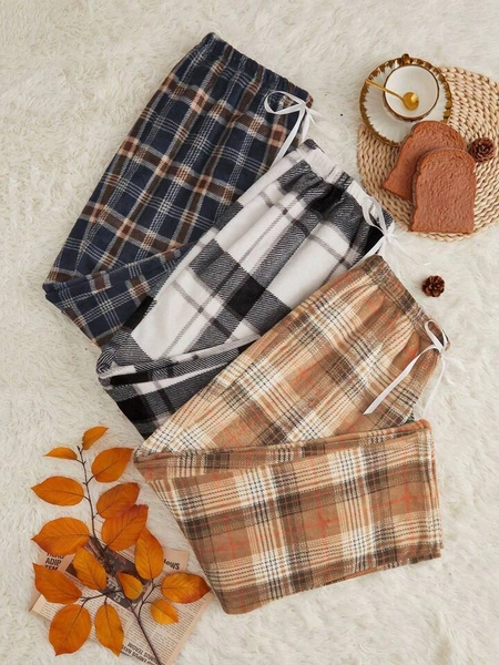 Plus 3pcs Plaid Print Drawstring Waist Sleep Pants