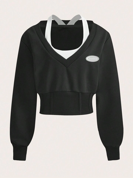 SHEIN EZwear Plus Letter Patched Detail 2 In 1 Sweatshirt