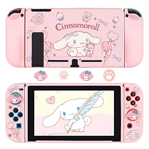 DLseego Protective Case Compatible with Nintendo Switch Model, Dockable TPU Cover with 4 Cute Thumb Grips Caps, Anti-Scratch and Shock-Absorption Design Accessories for Switch 2017 - Pink Cloud Dog - Pink