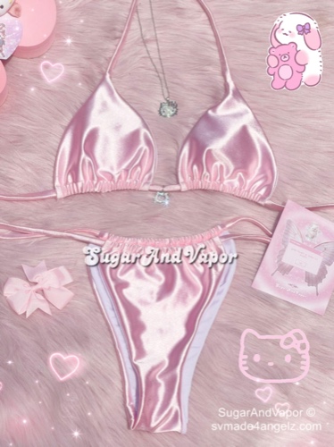 Adelia Pink Silky Bling Kitten Bikini Set | S / Pink / With bling kitty head charm at front