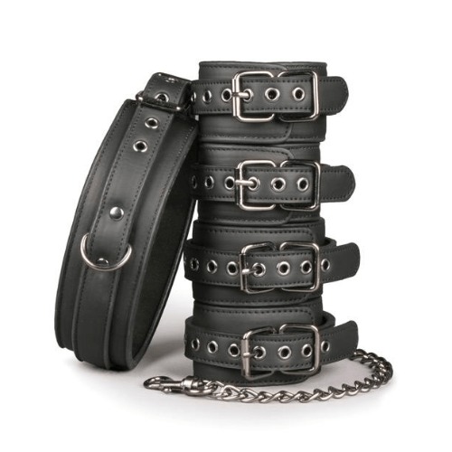 Fetish Set with Collar, Ankle + Wrist Cuffs - Black