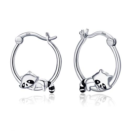 Animal Earrings 925 Sterling Silver Hedgehog/Cat/Raccoon/Mermaid/Panda Hoop Earrings Hypoallergenic Hoop Huggie Earrings Animal Jewelry Gifts for Women Girls - Raccoon
