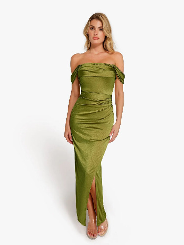 Shapewear Off Shoulder Shine Ruched Sculpting Maxi Dress | Green / XL
