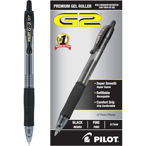 Pilot, G2 Premium Gel Roller Pens, Fine Point 0.7 mm, Black, Pack of 12 (Dozen Box) - Black Ink