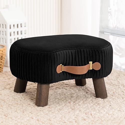 LUE BONA Small Curved Foot Stool with Handle, Black Velvet Footstool and Ottomans, Modern Foot Rest with Wooden Legs, Step Stool with Padded Seat for Couch, Living Room… - Black