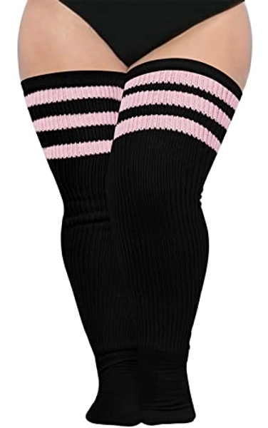Abodhu Plus Size Thigh High Socks for Thick Thighs Women- Extra Long Widened Extra Long Thick Knit - Black & Light Pink