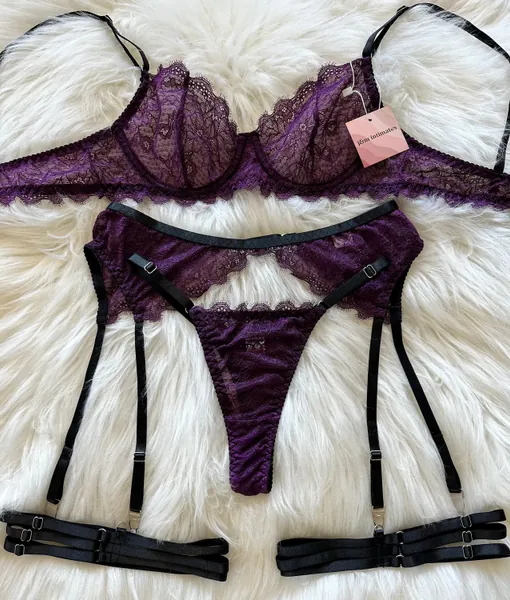 Deep Plum Floral Soft Lace  Lingerie set with, Garter Belt, Thigh Straps, Gift for women