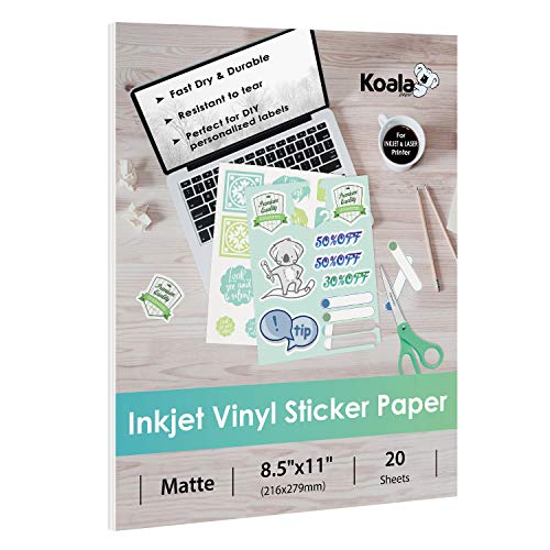 Koala Printable Vinyl Sticker Paper for Inkjet Printer - 20 Sheets Matte White Vinyl Sticker Paper, Waterproof Sticker Paper 8.5x11 Inch, Work with Cutting Machine - 20