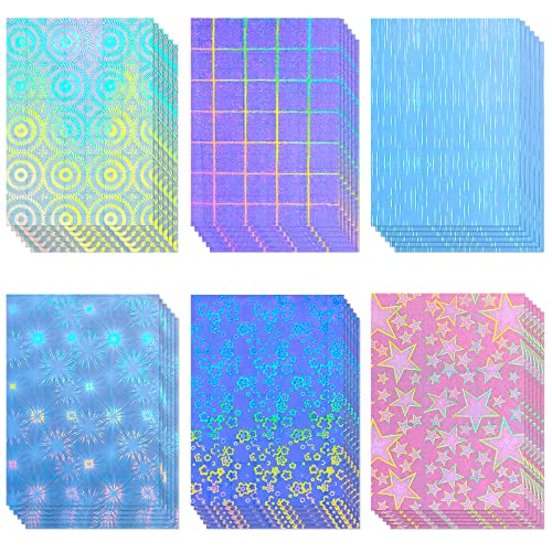 36 Sheets Holographic Sticker Paper Clear A4 Vinyl Sticker Paper Self Adhesive Waterproof Transparent Film Gem Spot Rainbow Star Bow Heart Snow Patterns, 11.7 x 8.3 Inch (Dazzling Style) - Line,Lattice,Firework,Gear,Flower,Pentagram