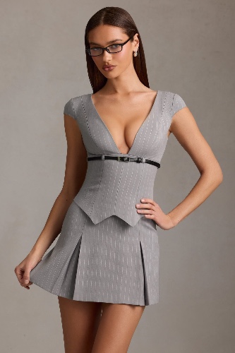 Pinstripe Pleated Waistcoat Mini Dress in Grey | 8
