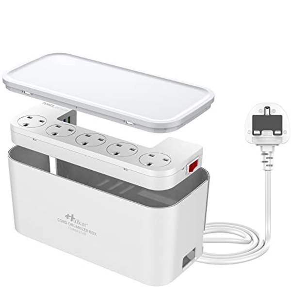 Hulker Extension Lead with USB Slots 5 Way Outlets 3 USB Ports Tidy Box Socket Extension with Overload Protection 3250W 13A Cord 2M Power Strip Cable Management Box White