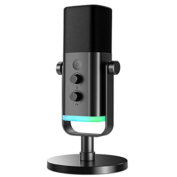 FIFINE XLR/USB Gaming Microphone, Studio Dynamic Streaming Mic, Computer Desktop Stand Microphone for Podcast, VoiceOver, Recording, with RGB, Mute, Monitoring Headphone Jack, Gain Knob, Black-AM8