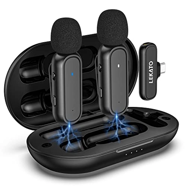LEKATO Wireless Lavalier Microphone, Dual Lapel Microphone for Android Phone, Portable Clip on Mic with Charging Case, Noise Cancellation/25H/75Ft, for Podcast/YouTube Video Record/Livestream