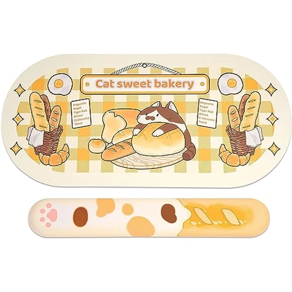 GeekShare Cute Cat Bakery Wrist Rest Support Mouse Pad Set- Non-Slip Rubber Base and Lightweight Memory Foam Wrist Rest Desk Mat for Keyboard and Mouse, Perfect for Gaming,or Home Office Work