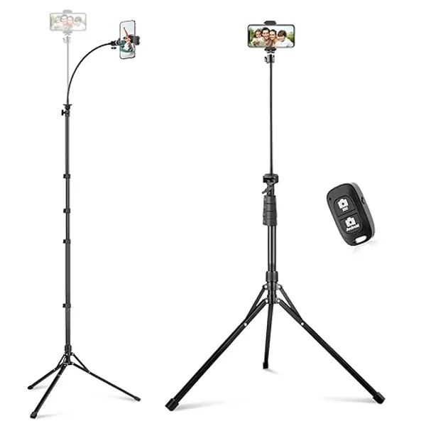 Sensyne 92" Cell Phone Tripod, Selfie Stick Tripod with 16.5" Flexible Gooseneck, Overhead Phone Stand for Video Recording, Photography, Compatible with Phone, Camera - 92-inch - Black