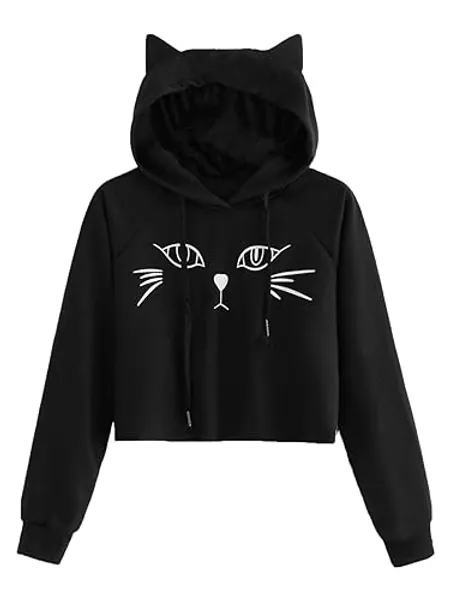 SweatyRocks Women's Long Sleeve Hoodie Crop Top Cat Print Sweatshirt - Medium - Black#1