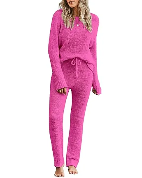 luvamia Women's Casual Pajama Set Fuzzy Fleece Knitted Long Sleeve Pj Loungewear - Large - Magenta