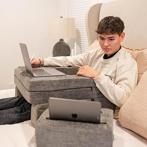 Park Lane Home Reading Gaming Pillow, Adjustable Laptop Table Pillow Desk with Coaster, Reading Lap Desk, Extra Large Arm Rest Pillow for Gaming, Knitting, Bed, Couch, Working, Gift for Gamers (Grey)