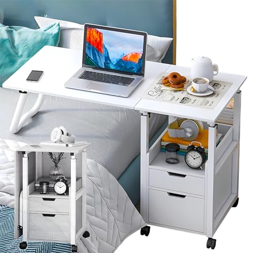 GFERTRE 2 in 1 Overbed Table with Wheels, Bedroom Side Table, Foldable Bedside Table with Drawer, Height Adjustable Over Bed Desk Laptop Cart Mobile Computer Desk Workstation (with Drawer) - With Drawer