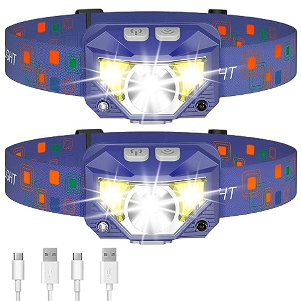 LHKNL Headlamp Flashlight, 1200 Lumen Ultra-Light Bright LED Rechargeable Headlight with White Red Light,2-Pack Waterproof Motion Sensor Head Lamp,8 Modes for Outdoor Camping Running Fishing- Blue