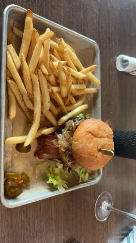 Lunch: Burger, Fries, Red Wine