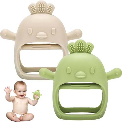 Teething Toys for Babies, 2 Pack Silicone Baby Teething Toys, Mitten Glove Teether for Baby Sucking Needs, Baby Teethers Toys 3Month+, Hand Pacifier Chew Toys for Teething Pain Relief (Beige/Green) - Beige + Green