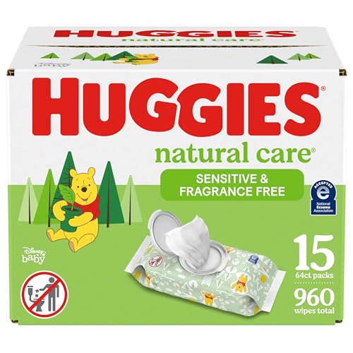 Huggies Natural Care Sensitive Baby Wipes, Unscented, Hypoallergenic, 99% Purified Water, 15 Flip-Top Packs (960 Wipes Total) - Unscented - 64 count (Pack of 15)