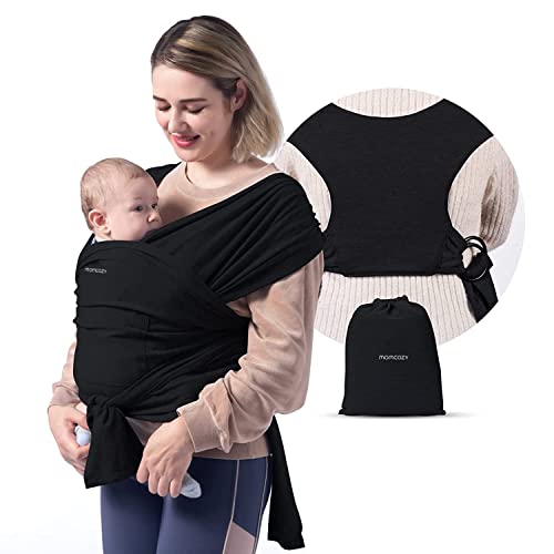 Momcozy Baby Wrap Carrier Slings, Infant Carrier Slings for Newborn up to 50 lbs, Baby Wrap Adjustable for Adult Fits Sizes XXS-XXL, Easy to Wear Baby Carriers, Ergonomic Front Facing/Back, Black - Black - Regular