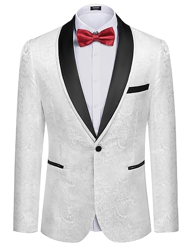 COOFANDY Men's Floral Tuxedo Suit Jacket Slim Fit Dinner Jacket Party Prom Wedding Blazer Jackets - White - X-Large