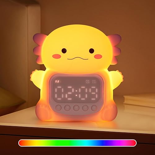 Axolotl Alarm Clock with Night Light for Kids, 7 RGB Color Cute Alarm Clocks for Bedrooms Ok to Wake Clocks, Silicone Animal Tabletop Lamp for Teen Girls Boys - Axolotl