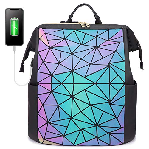 Geometric Luminous Purses and Handbags for Women Holographic Reflective Bag Backpack Wallet Clutch Set - Zipper Laptop Backpack