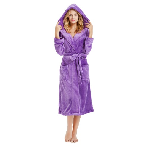 HEARTNICE Womens Hooded Fleece Robe, Soft Plush Bathrobe for Womens, Fluffy Cute Long House Coat - Violet Hooded Large-X-Large