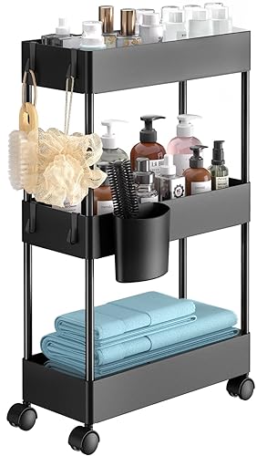 Pipishell Slim Storage Cart with Wheels, Bathroom Cart Organizer Bathroom Storage Small, Rolling Cart for Bathroom, Laundry Room, Kitchen, Narrow Space, Black PIUC04 - Black - 3-Tier
