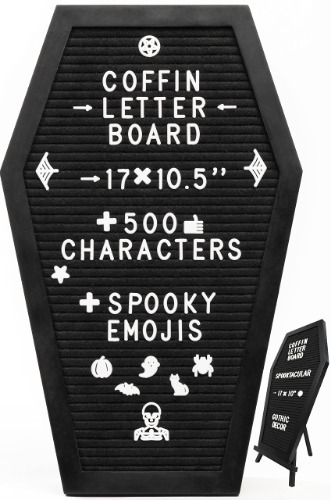 Nomnu Black Felt Coffin Letter Board - Gothic Decor Message Board With Spooky Emojis - Horror, Gothic, Spooky Gifts - 17x10.5 Inches, +500 White Characters. Creepy Halloween Decor Letterboard