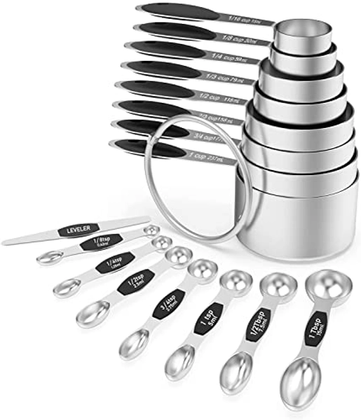 Wildone 16Pc Stainless Steel Measuring Cups Set, 8 Measuring Cups & 7 Double-Sided Magnetic Measuring Spoons Stackable & 1 Leveler (Black)