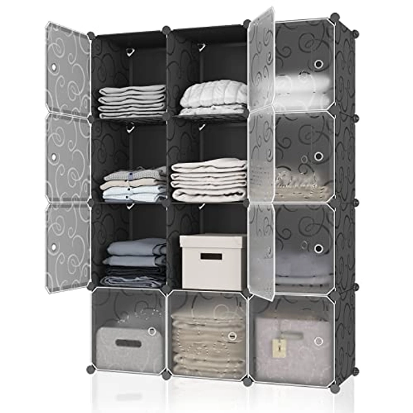 MAGINELS 12 Cube Storage Organizer,Portable Plastic Storage Cabinet,Closet.Stackable Cubby Shelf for Clothes,Toy,Bag. Suitable for Bedroom,Studyroom,Closet Organization,Black(14×14 inch)