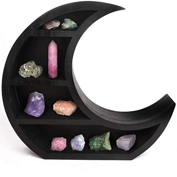 Wooden Black Crescent Moon Shelf - Gothic Halloween Witchy Room Décor. Moon Phase Wall Hanging or Tabletop Storage for Crystal Display. Moon Shelf for Crystals and Stones - Shelving for Moon Décor