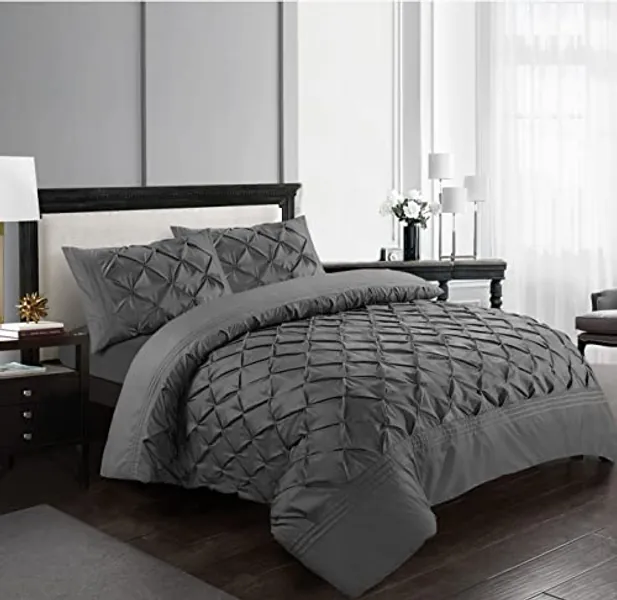 Pintuck Duvet Cover Set with Pillowcases 100% Microfiber Quilt Covers White/Grey/Charcoal/Pink Bedding Bed Sets Double King Super King Size (Charcoal, Double)