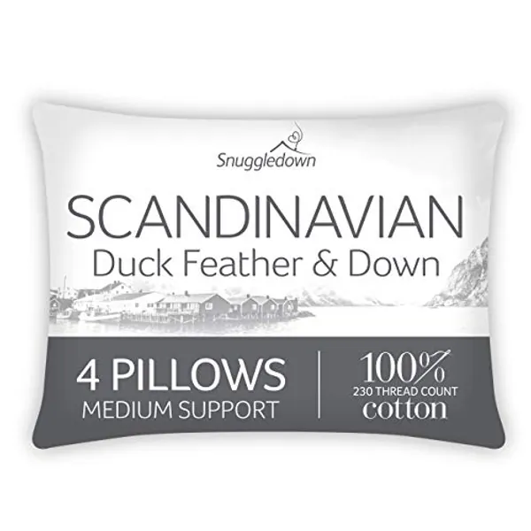 Snuggledown Duck Feather & Down Pillows 4 Pack - Medium Support Back Sleeper Pillows for Back Pain Relief - 100% Soft Cotton Cover, Hypoallergenic, UK Standard Size (48cm x 74cm)