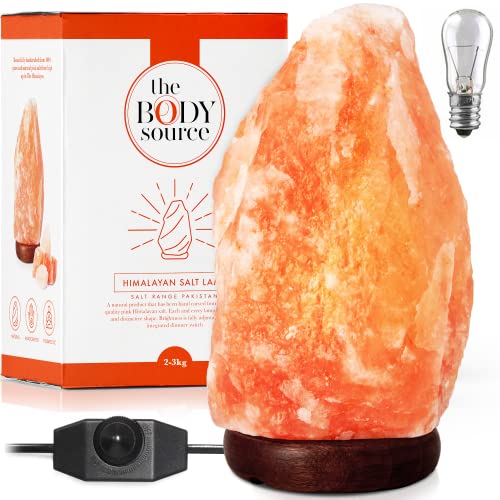 The Body Source Himalaya Salzlampe (2-3 kg) mit Dimmerschalterlicht aus der Salt Range Pakistan auf einem Holzständer - Nachtlicht inkl. 2x 15W Glühbirnen und Geschenkbox - 2-3 KG