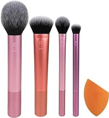 Real Techniques Everyday Essentials Make-up-Pinsel, Komplettset für das Gesicht (Gesichtsschwamm, Gesichts-, Rouge-, Setting- und Deluxe-Lidfaltenpinsel), 5 Stück (1er Pack)