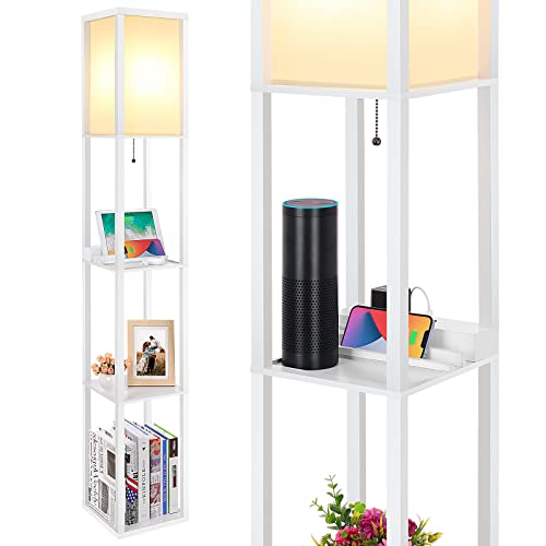 SHINE HAI LED Shelf Floor Lamp, Modern Standing Lamp with 1 USB Port and 1 Type C Port and 1 Power Outlet, 3-Tiered Display Floor Lamps with Shelves for Living Room, Bedroom, Office - White - White