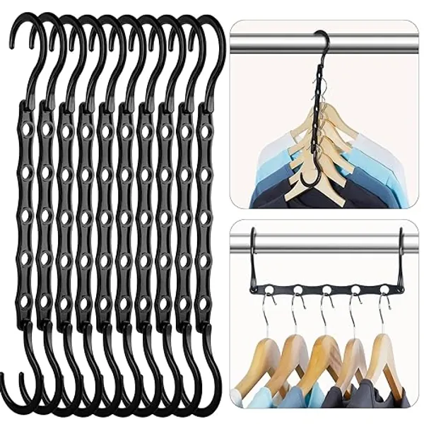 HOUSE DAY Black Magic Space Saving Hangers, Premium Smart Hanger Hooks, Sturdy Cascading Hangers with 5 Holes for Heavy Clothes, Closet Organizers and Storage, College Dorm Room Essentials 10 Pack - 10 Pack - Black
