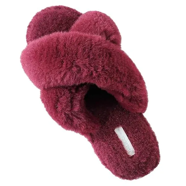 HALLUCI Women's Cross Band Soft Plush Fleece House Indoor or Outdoor Slippers - Small - Burgandy
