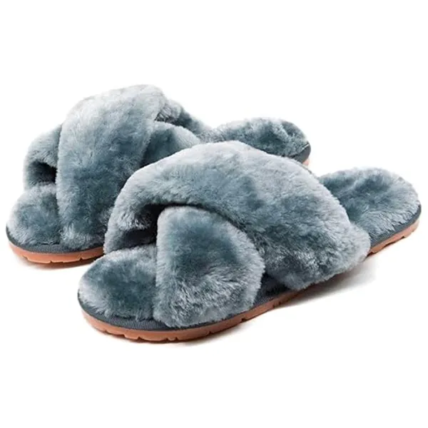 Crazy Lady Women's Fuzzy Fluffy House Slippers Cute Plush Memory Foam Shoes Cross Band Indoor Outdoor Open Toe Sandals - 4.5-5 - Grey