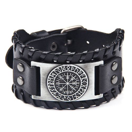 Leather Bracelet with Viking Design - Black/Silver