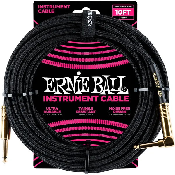 Ernie Ball 10' Straight to Angle Braided Instrument Cable Black/Black