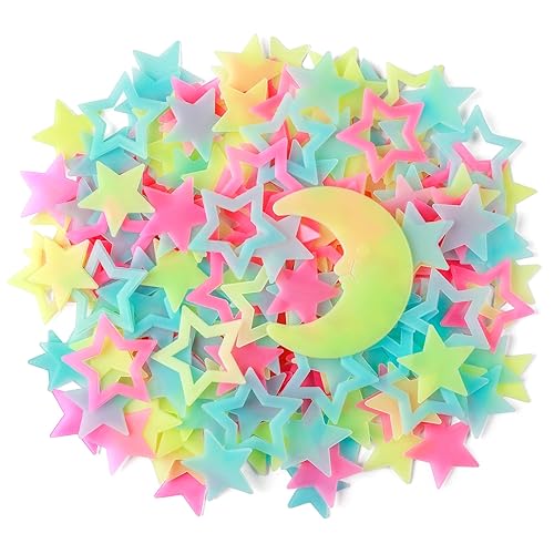 140 pcs Colorful Glow in The Dark Moon and Stars Wall Stickers Yellow Pink Blue Glowing Star Wall Decor DIY 3D Hollow Luminous Stars Wall Decals for Kids Boys Baby Bedroom Ceiling Wall Decoration - Yellow Moon Star