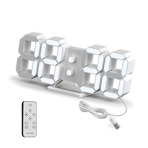 Deeyaple LED Wanduhr Digital Wecker 3D Uhr Dimmbar Snooze Modern USB 12/24Stunden Datum Temperaturanzeige Loop Display Fernbedienung Nachtlicht Wohnzimmer Küche Schlafzimmer Büro 25cm weiß - Weiß - 25CM