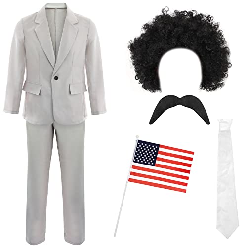 MENS FUNNY JOURNALIST COSTUME - GREY SUIT + WHITE TIE + CURLY BLACK WIG + TASH + AMERICAN HAND-WAVING FLAG - ADULTS TV MOVIE FANCY DRESS COSTUME - M